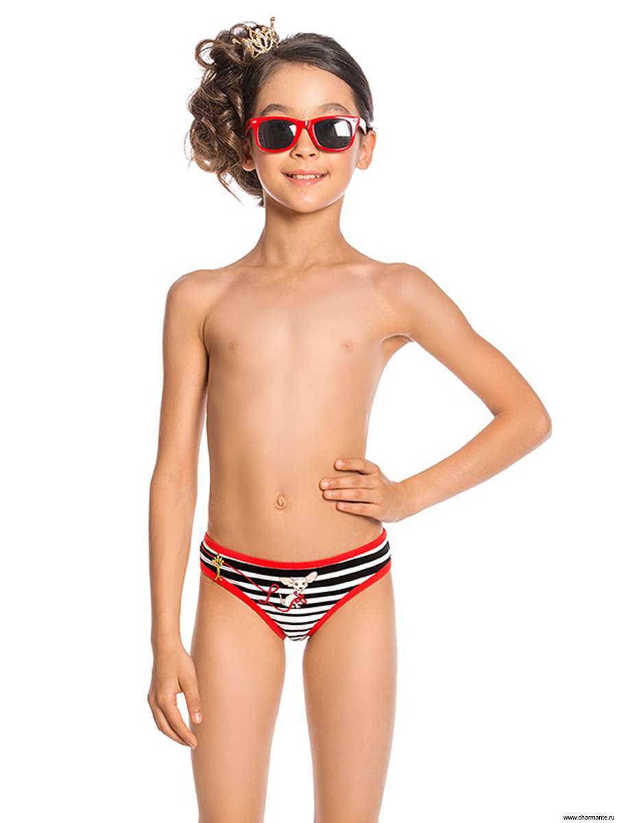 kid in striped chihuahua swimsuit facing forward